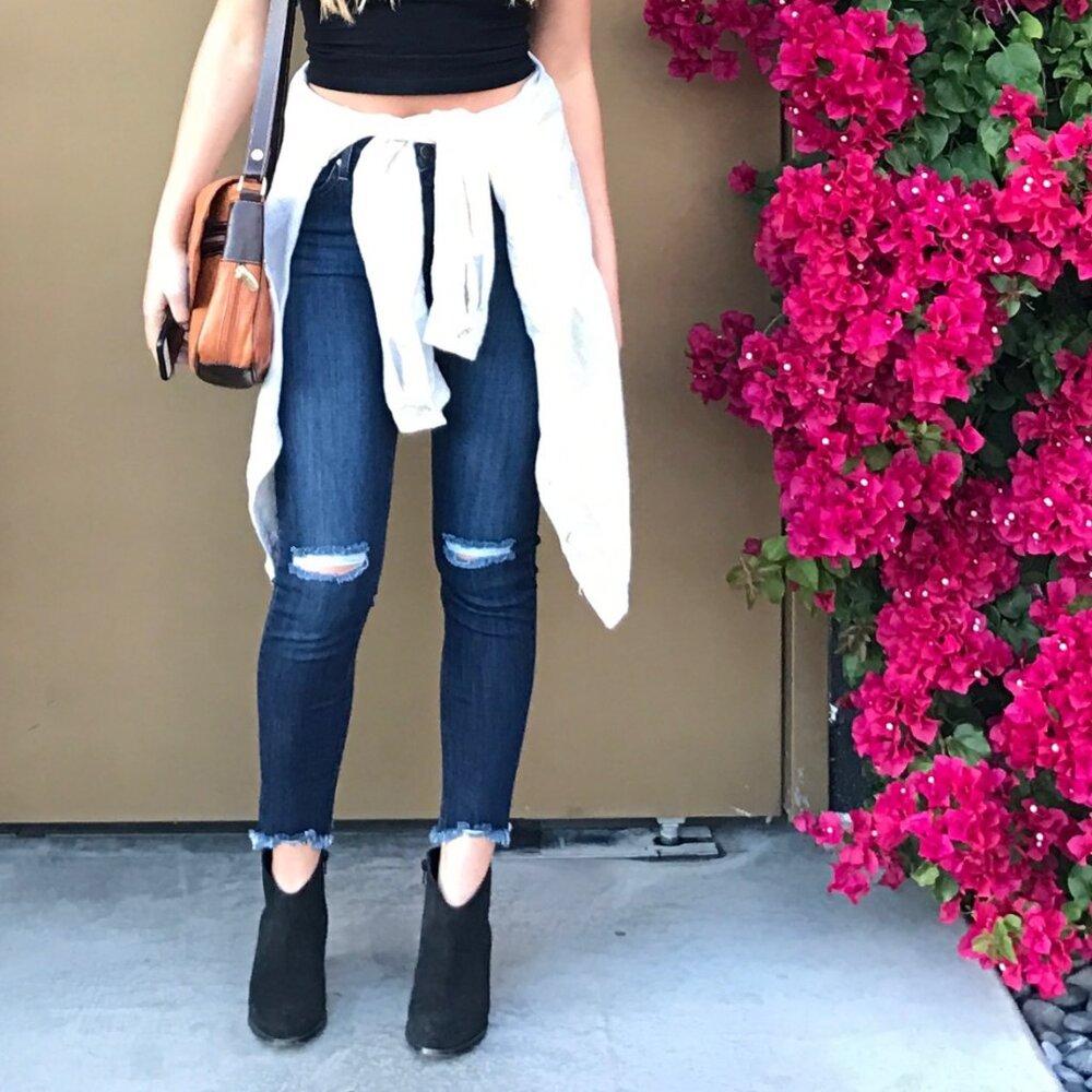 Distressed straight leg jeans